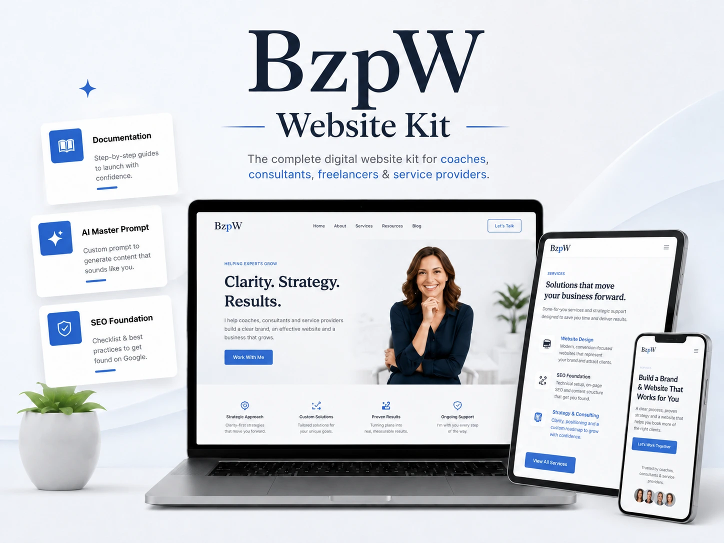 BzpW Website Kit preview showing a responsive website template for coaches, consultants and freelancers